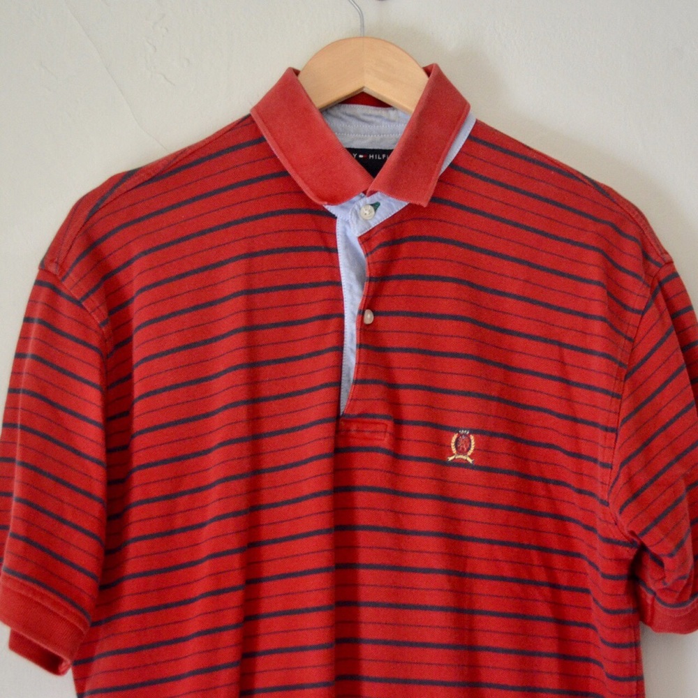 Red Tommy Hilfiger striped polo